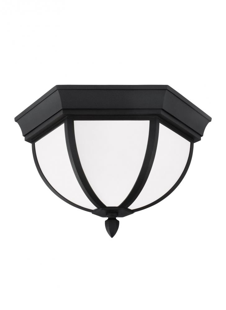 Generation Lighting 79136-12 Wynfield traditional 2-light outdoor exterior ceiling ceiling flush mount in black finish with etche