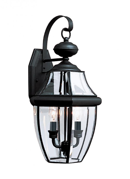 Generation Lighting 2242560 Lancaster traditional 2-light outdoor exterior wall lantern sconce in black finish with clear curved