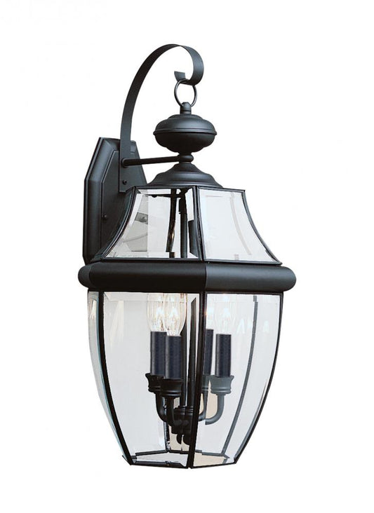 Generation Lighting 2242926 Lancaster traditional 3-light outdoor exterior wall lantern sconce in black finish with clear curved