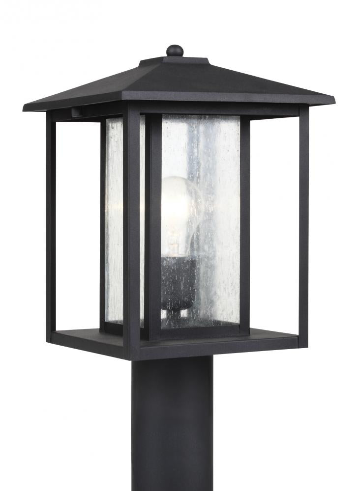 Generation Lighting 82027-12 Hunnington contemporary 1-light outdoor exterior post lantern in black finish with clear seeded glas