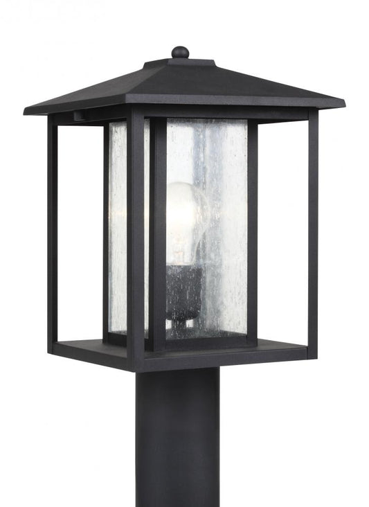 Generation Lighting 82027-12 Hunnington contemporary 1-light outdoor exterior post lantern in black finish with clear seeded glas