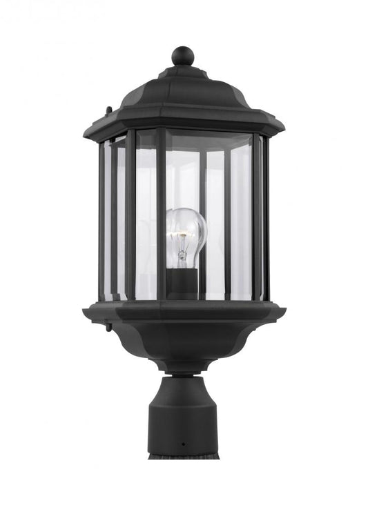 Generation Lighting 82029-12 Kent traditional 1-light outdoor exterior post lantern in black finish with clear beveled glass pane