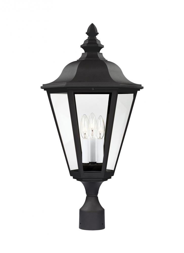 Generation Lighting 2312686 Brentwood traditional 3-light outdoor exterior post lantern in black finish with clear glass panels