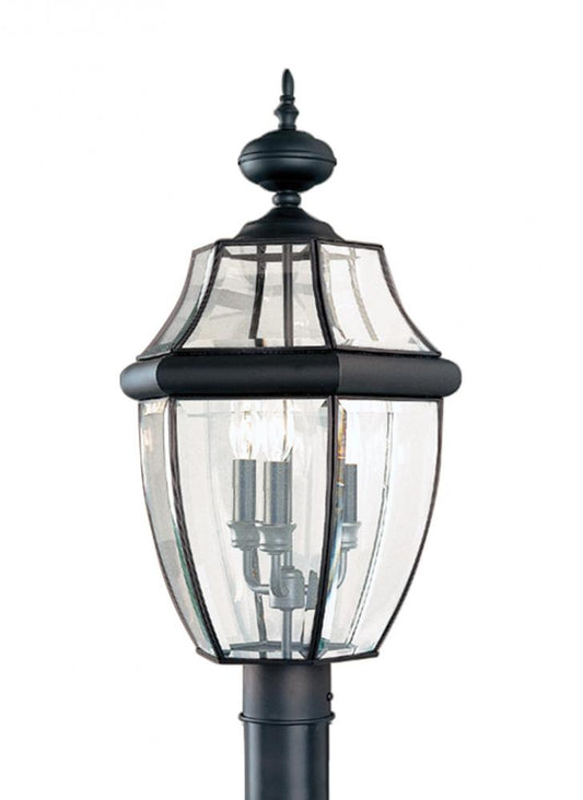 Generation Lighting 2315608 Lancaster traditional 3-light outdoor exterior post lantern in black finish with clear curved bevele