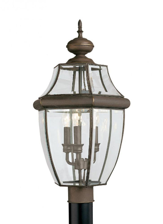 Generation Lighting 8239-71 Lancaster traditional 3-light outdoor exterior post lantern in antique bronze finish with clear curv
