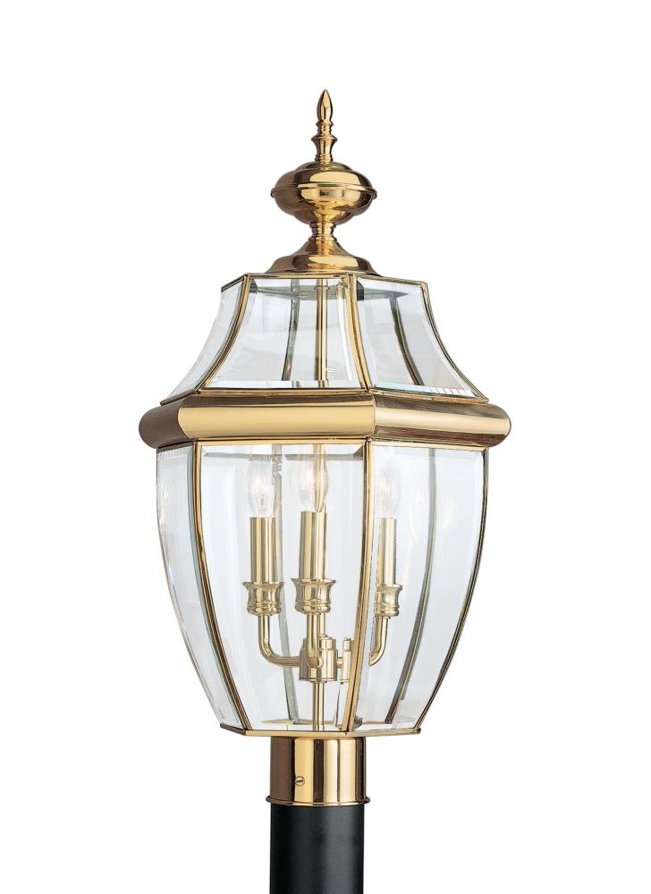 Generation Lighting 8239EN-02 Lancaster traditional 3-light LED outdoor exterior post lantern in polished brass gold finish with c