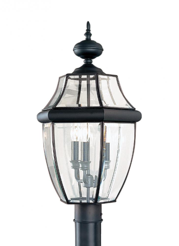 Generation Lighting 8239EN-12 Lancaster traditional 3-light LED outdoor exterior post lantern in black finish with clear curved be