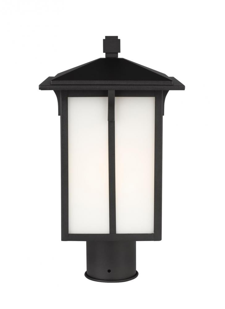 Generation Lighting 8252701-12 Tomek modern 1-light outdoor exterior post lantern in black finish with etched white glass panels