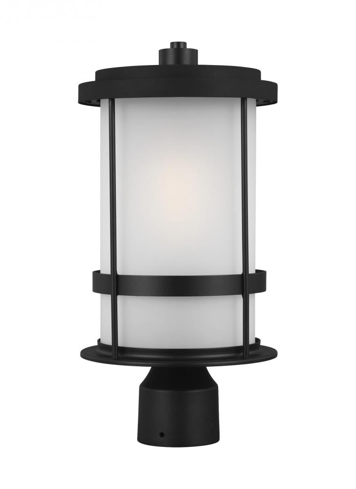 Generation Lighting 8290901-12 Wilburn modern 1-light outdoor exterior post lantern in black finish with satin etched glass shade
