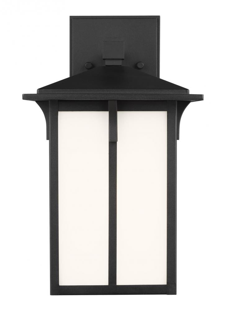 Generation Lighting 8552701-12 Tomek modern 1-light outdoor exterior small wall lantern sconce in black finish with etched white gl