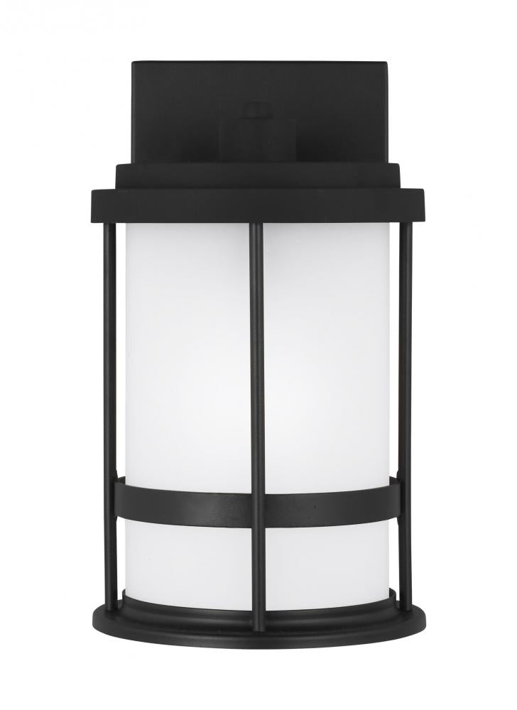 Generation Lighting 8590901-12 Wilburn modern 1-light outdoor exterior small wall lantern sconce in black finish with satin etched