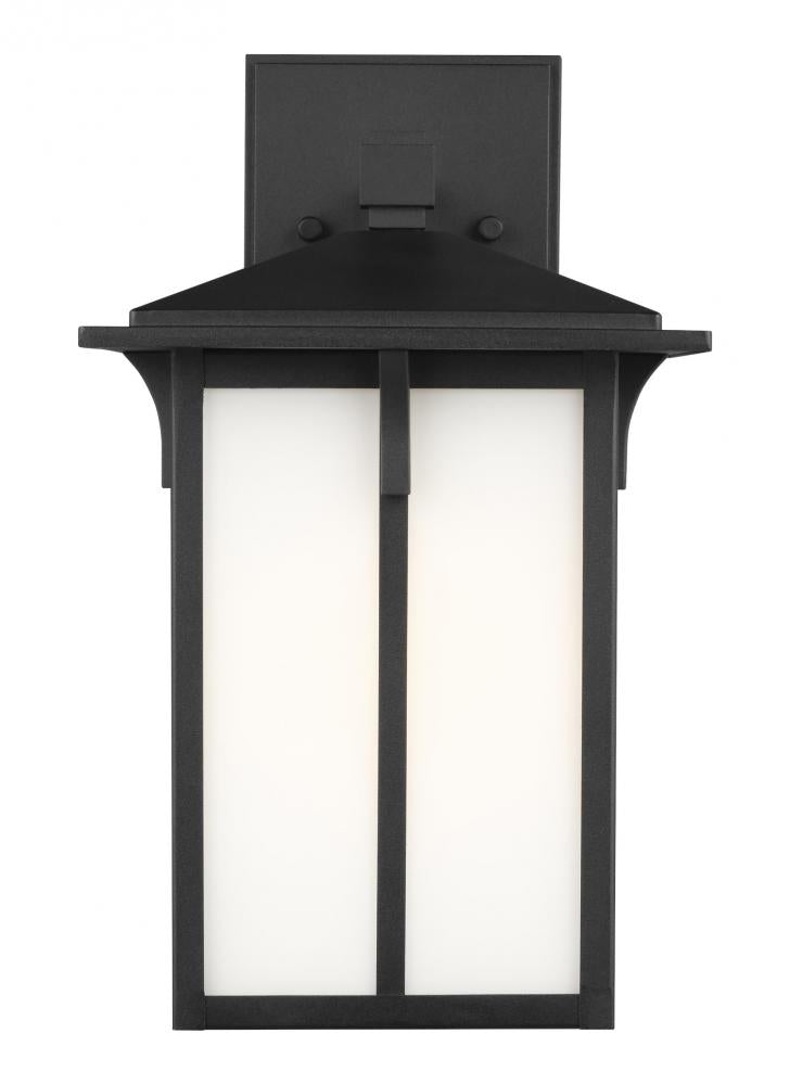 Generation Lighting 8652701-12 Tomek modern 1-light outdoor exterior medium wall lantern sconce in black finish with etched white g