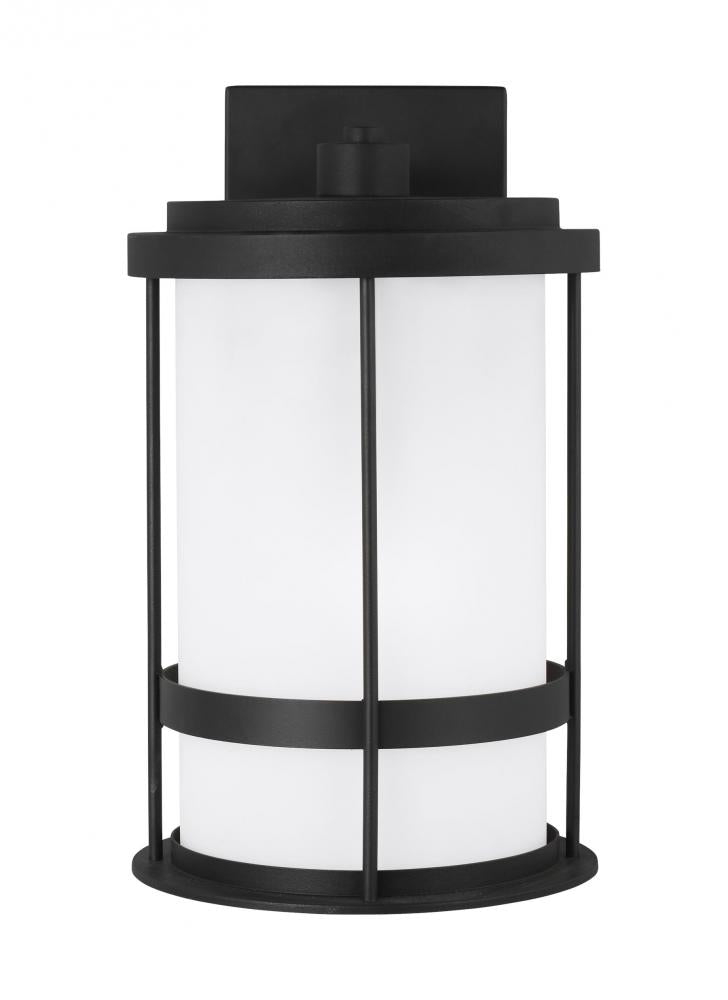 Generation Lighting 8690901-12 Wilburn modern 1-light outdoor exterior medium wall lantern sconce in black finish with satin etched