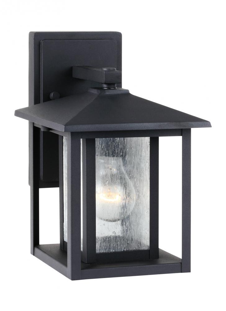 Generation Lighting 88025-12 Hunnington contemporary 1-light outdoor exterior small wall lantern in black finish with clear seede