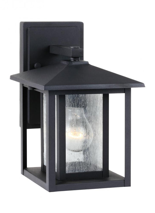 Generation Lighting 88025-12 Hunnington contemporary 1-light outdoor exterior small wall lantern in black finish with clear seede