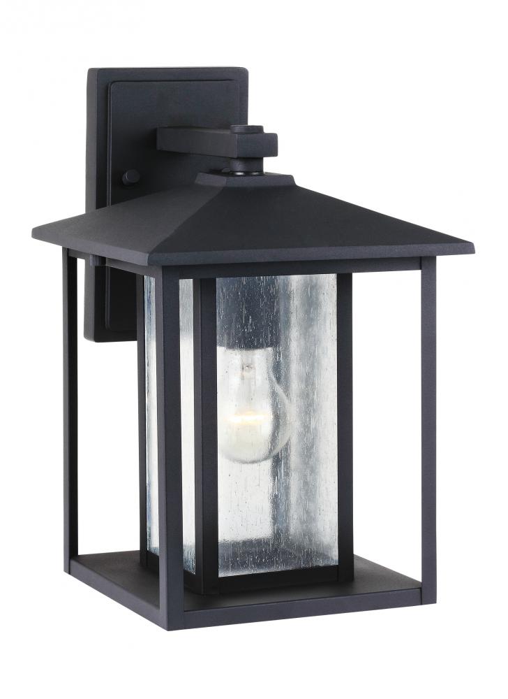 Generation Lighting 88027-12 Hunnington contemporary 1-light outdoor exterior medium wall lantern in black finish with clear seed