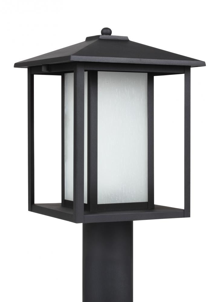 Generation Lighting 89129-12 Hunnington contemporary 1-light outdoor exterior post lantern in black finish with etched seeded gla