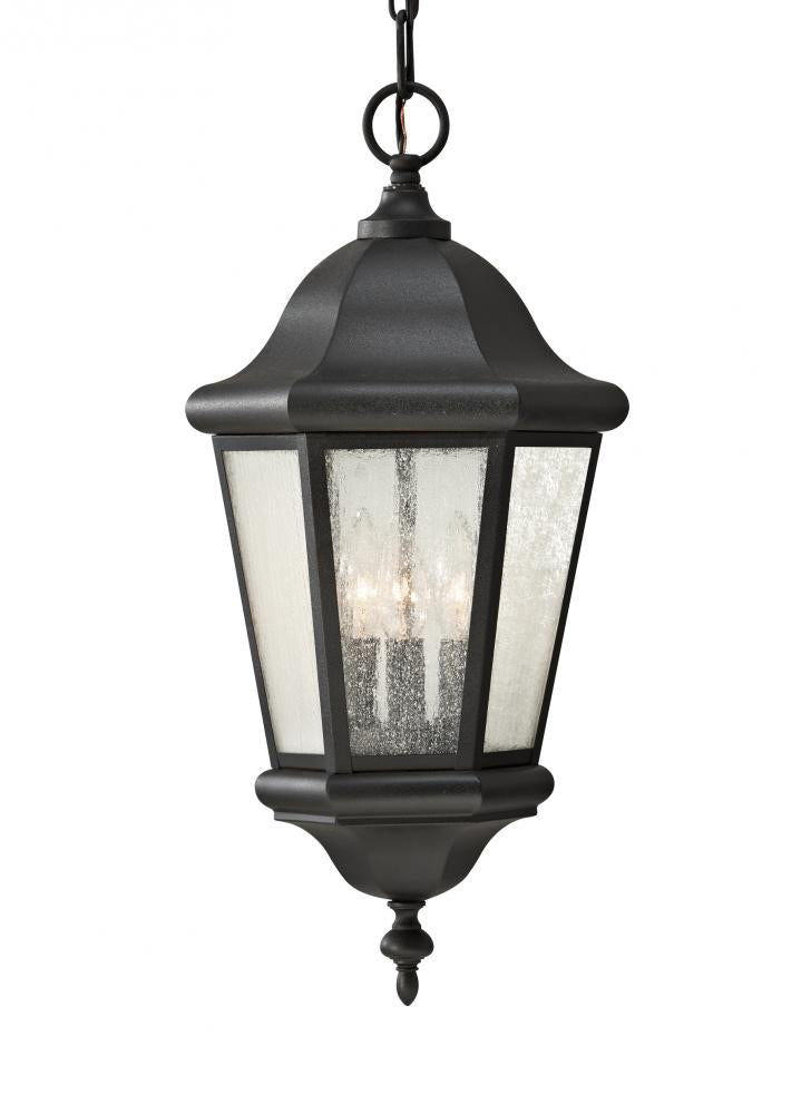 Generation Lighting OL5911BK Martinsville traditional 3-light outdoor exterior pendant lantern in black finish with clear seeded