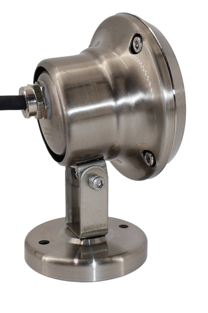 Adjustable 316 stainless steel underwater accent light with a round base and black power cable.