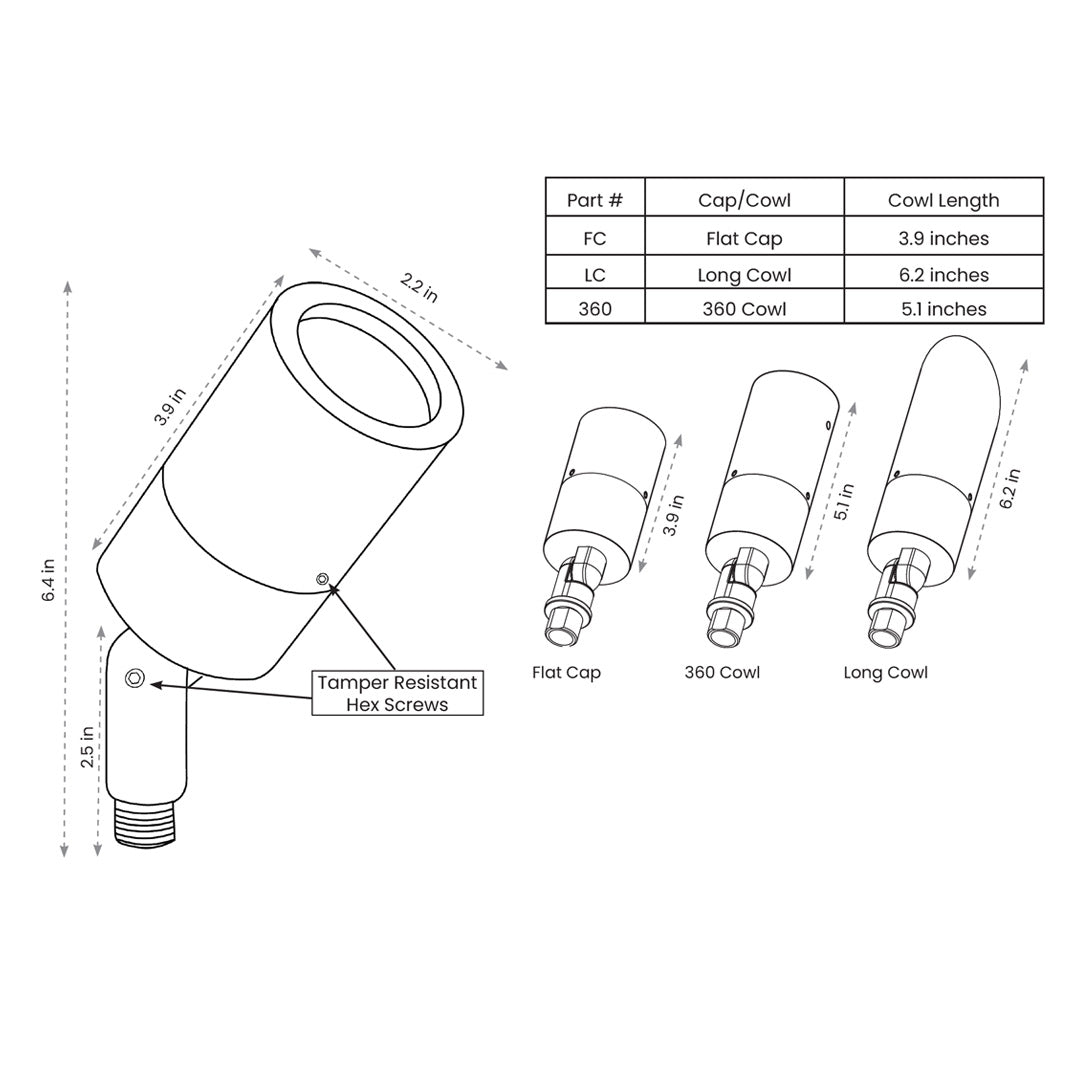 Technical diagram showing dimensions and cowl options for The Guardian brass accent light fixture.