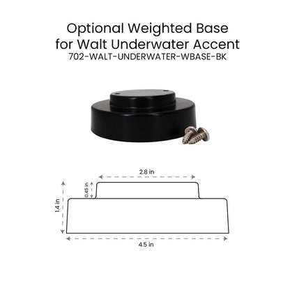 Black weighted base for an underwater accent light with dimensions and mounting screws.