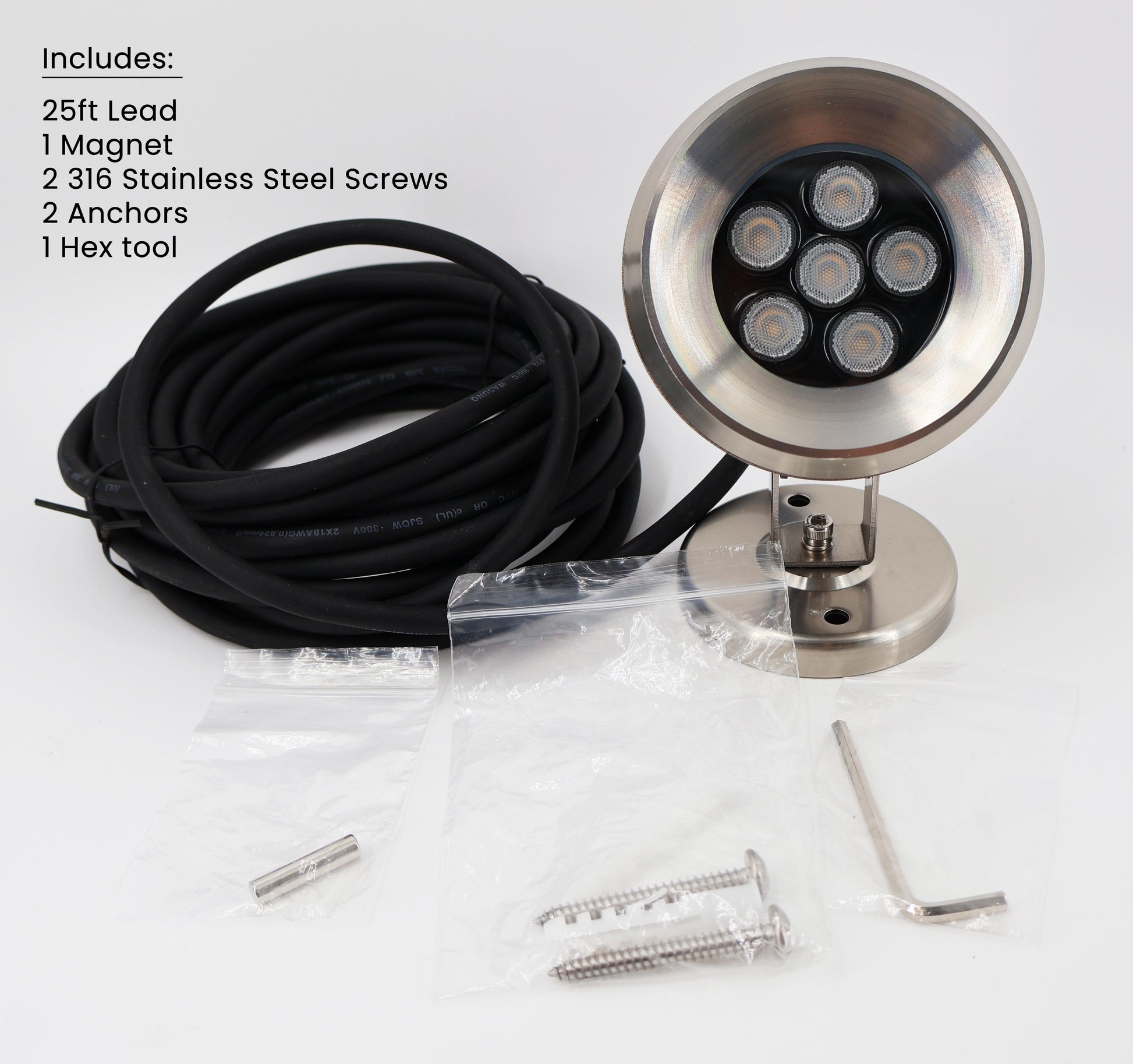 702 Lighting Walt MSDPRO/CCT underwater accent light with 25ft lead, magnet, screws, and hex tool.