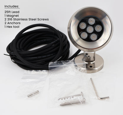 702 Lighting Walt MSDPRO/CCT underwater accent light with 25ft lead, magnet, screws, and hex tool.