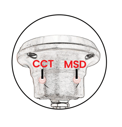 Diagram of an underwater accent light showing magnetic CCT and MSD adjustment points.